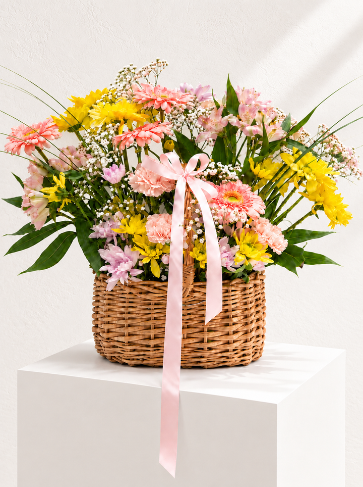 A vibrant flower basket filled with yellow and pink flowers, green leaves, and a pink ribbon bow, presented in a woven wicker basket on a white pedestal against a white wall.