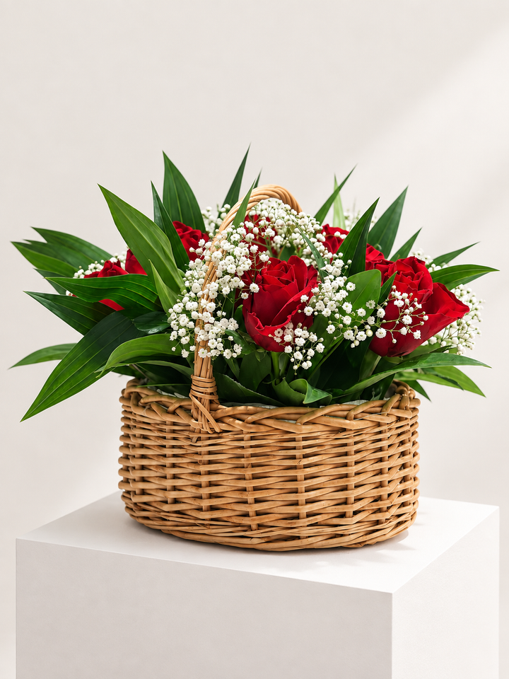 A wicker flower basket filled with red roses, white baby's breath, and green leaves, displayed on a white pedestal against a light neutral background.