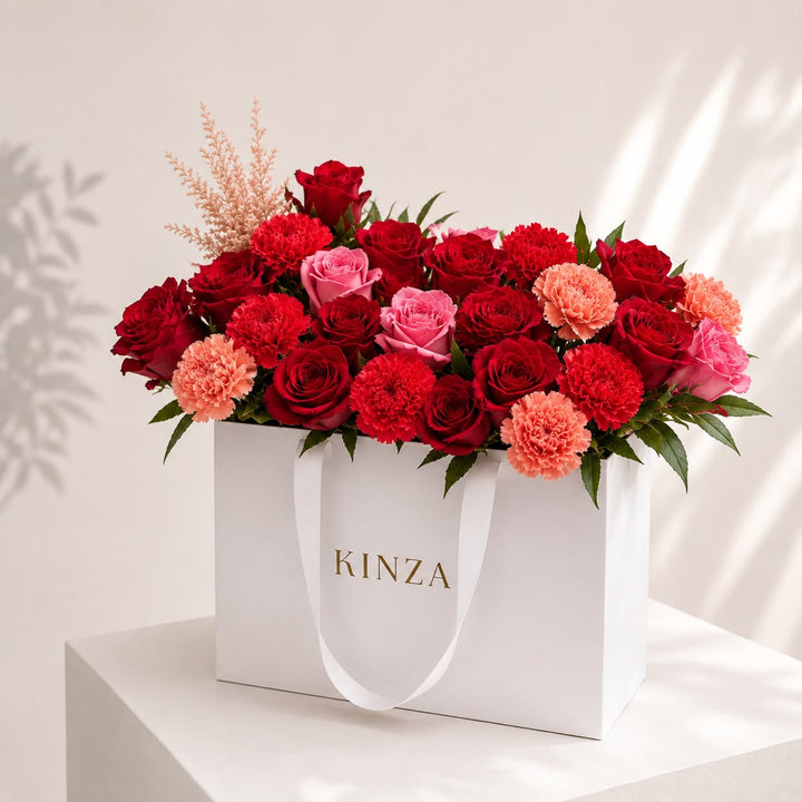 Signature Kinza White Bag Floral Arrangement - Ruby & Blush Flower