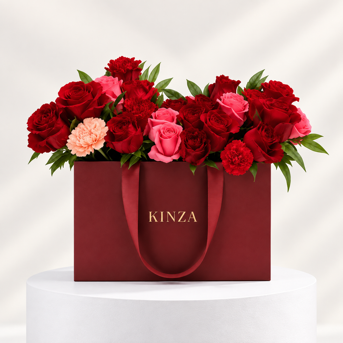 Kinza Red Bag Floral Arrangement - Ruby Rose