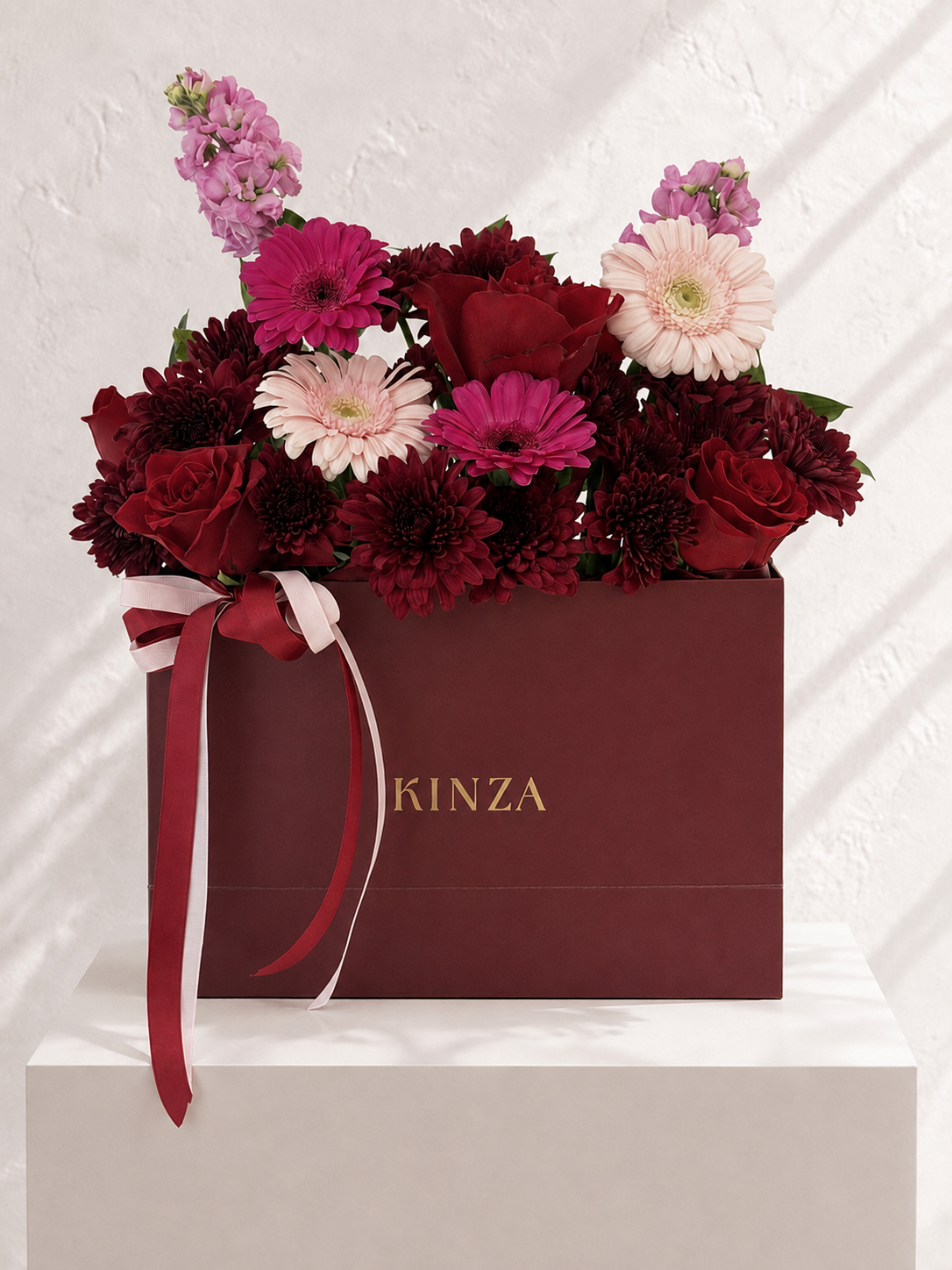 Signature Kinza Burgundy Bag Floral Arrangement - Velvet Romance