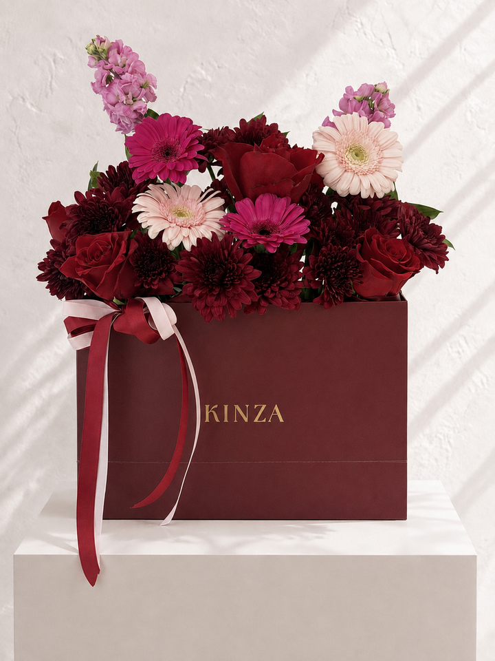 Signature Kinza Burgundy Bag Floral Arrangement - Velvet Romance