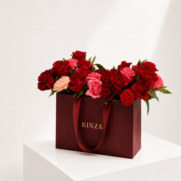 Signature Kinza Red Bag Floral Arrangement - Ruby Rose