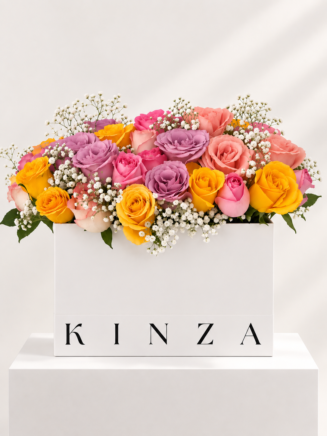 Signature Kinza White Bag Floral Arrangement - Petal Kaleidoscope
